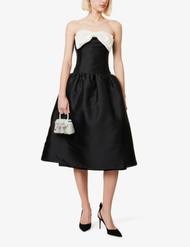 Embellished-bow bandeau taffeta midi dress