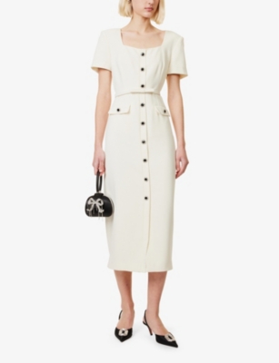 Square-neck embellished-buttons crepe midi dress