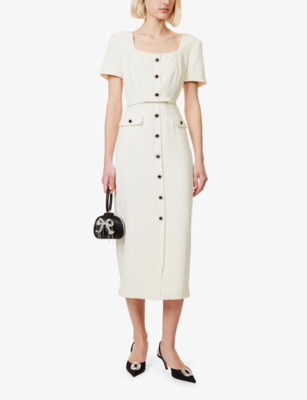 Square-neck embellished-buttons crepe midi dress