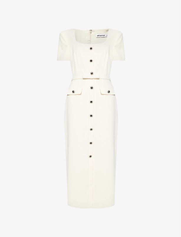 Square-neck embellished-buttons crepe midi dress