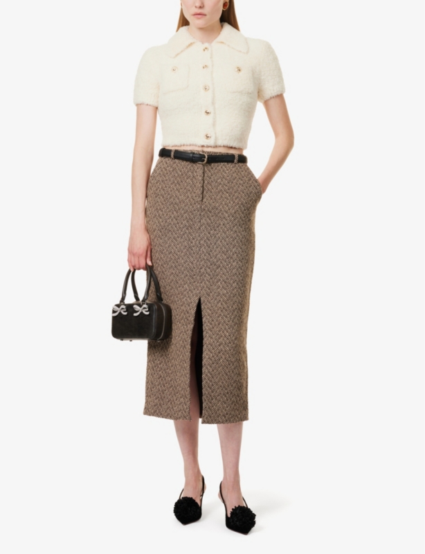 Front-pleat herringbone woven midi skirt
