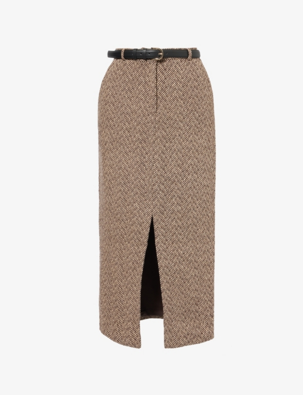 Front-pleat herringbone woven midi skirt