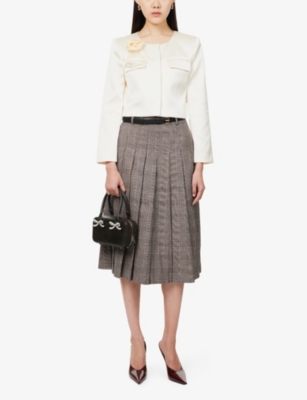 Self-portrait Womens Check-print Pleated Cotton-blend Midi Skirt Brown In Brown