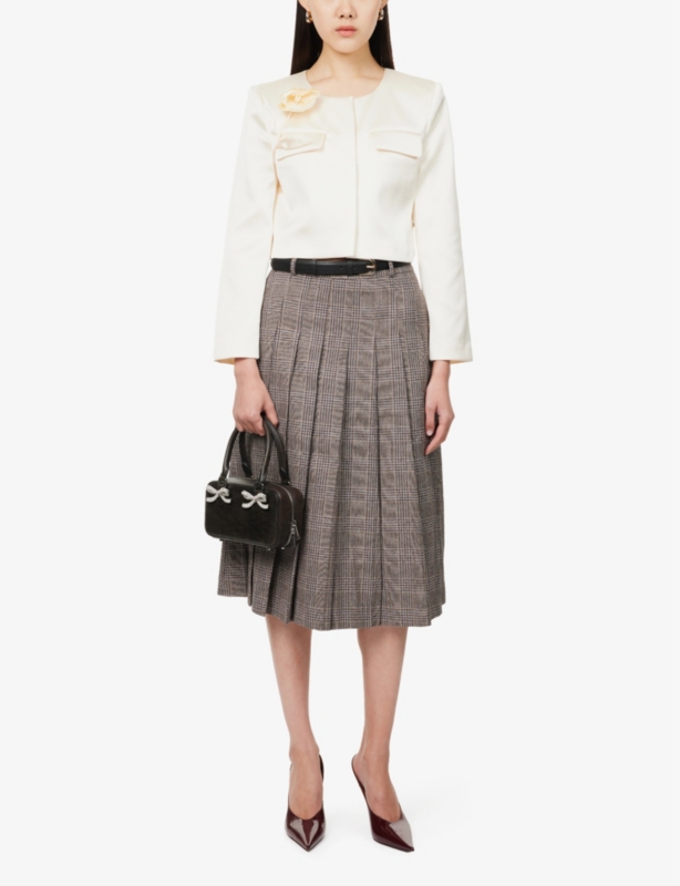 Check-print pleated cotton-blend midi skirt