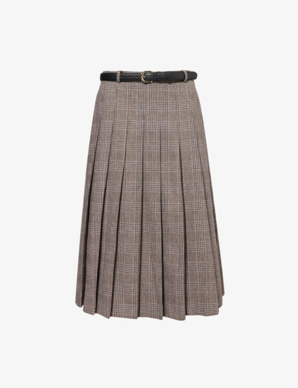 Check-print pleated cotton-blend midi skirt
