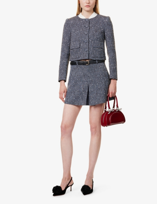 Front-pleat fully-lined boucle mini skirt