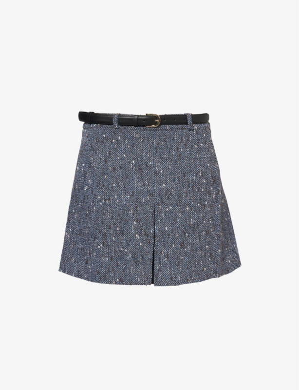 Front-pleat fully-lined boucle mini skirt