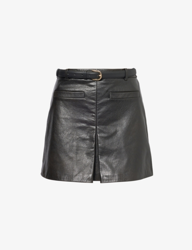 Mid-rise welt-pocket leather mini skirt