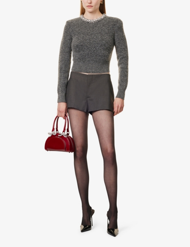 Round-neck embellished long-sleeve knit jumper