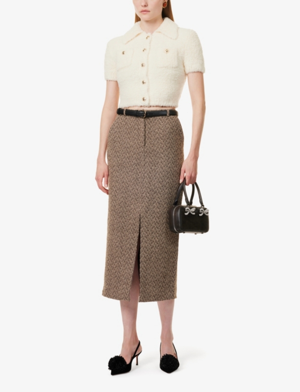 Slim-fit pointed-collar textured wool-blend knit top