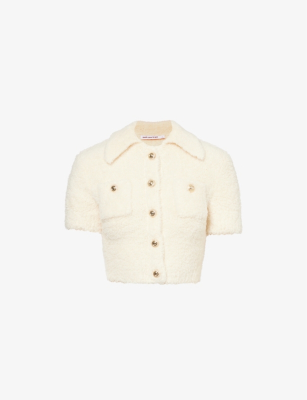 Slim-fit pointed-collar textured wool-blend knit top