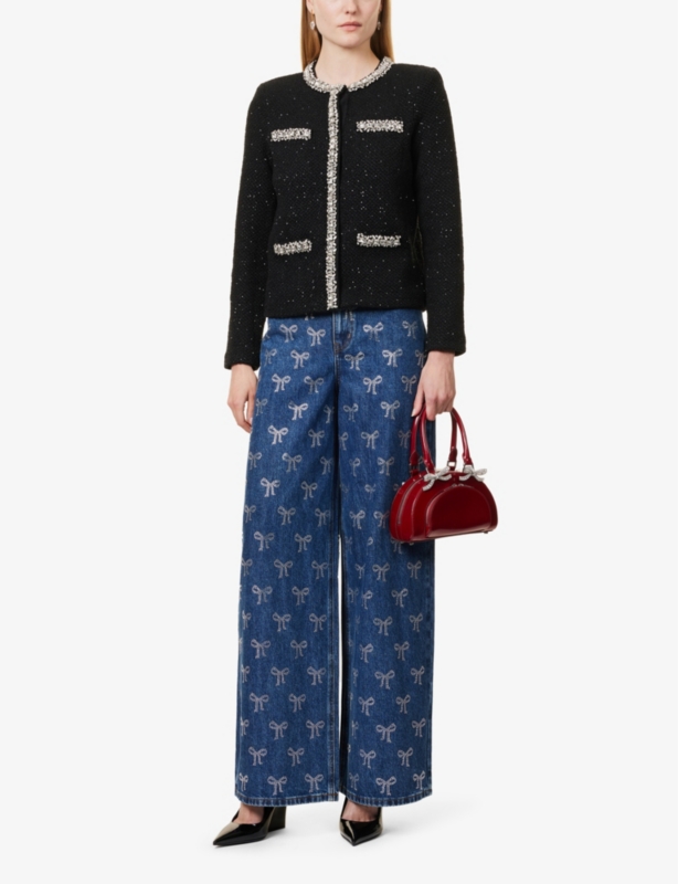 Round-neck crystal-embellished knitted cardigan