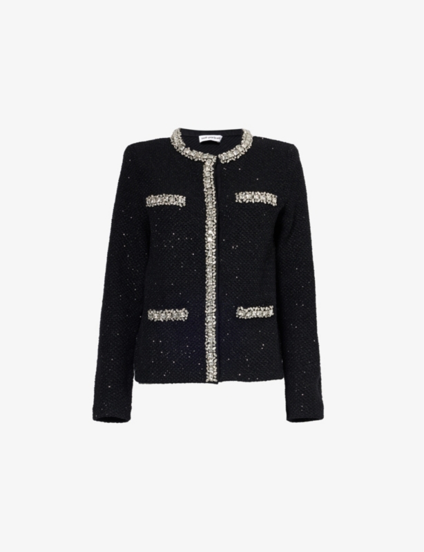 Round-neck crystal-embellished knitted cardigan