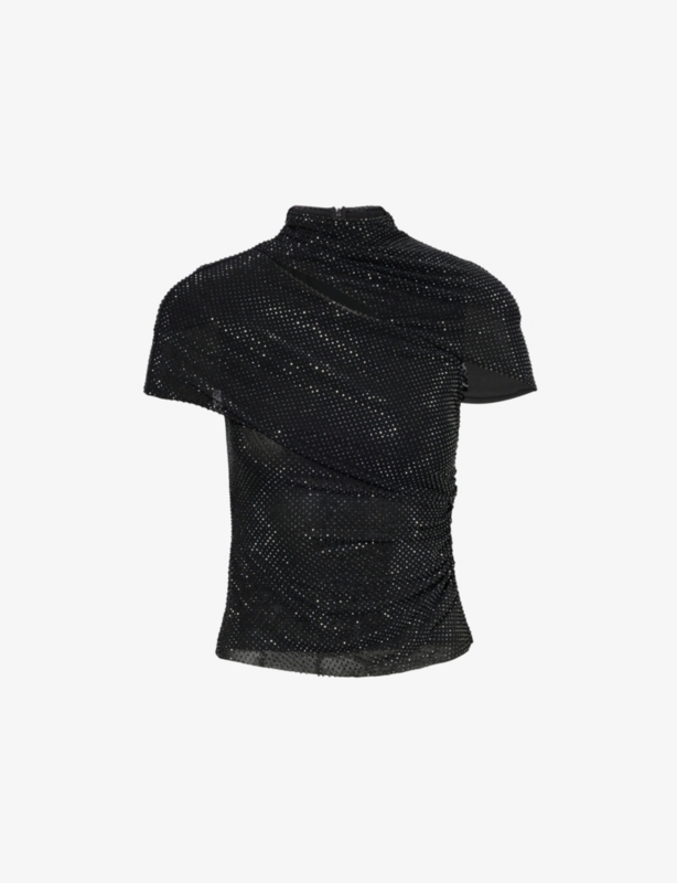 Asymmetric neckline rhinestone-embellished stretch-mesh top
