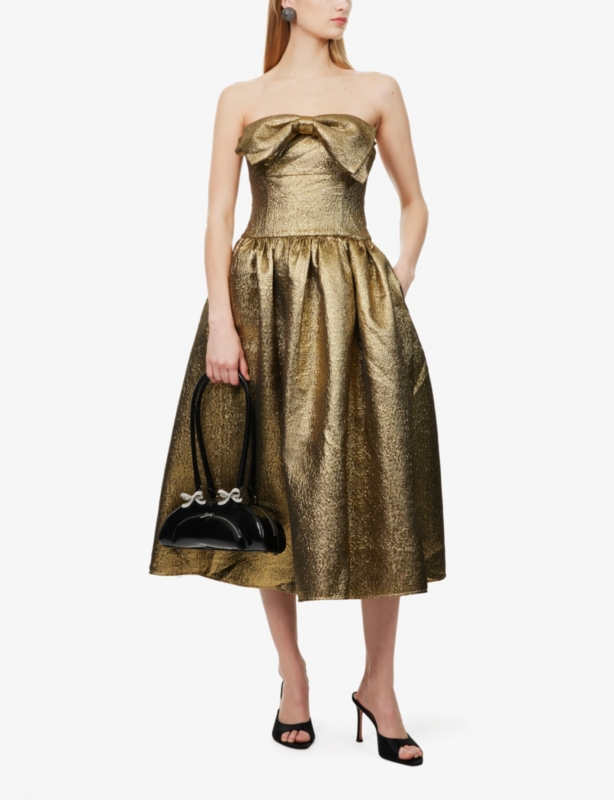 Embellished-bow bandeau jacquard midi dress