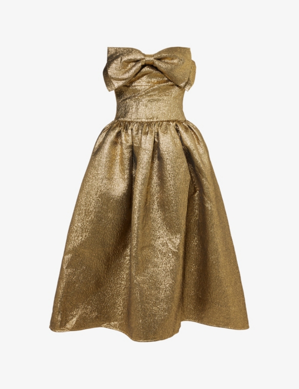 Embellished-bow bandeau jacquard midi dress
