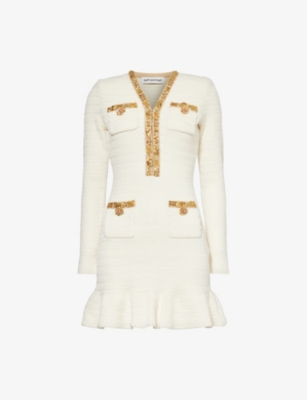 Shop Self-portrait Womens Cream Crystal-embellished Lurex-knit Mini Dress