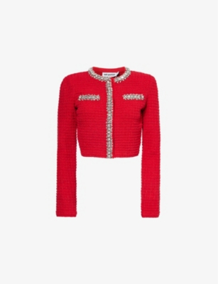 Shop Self-portrait Womens Red Boxy-fit Crystal-embellished Knit Cardigan