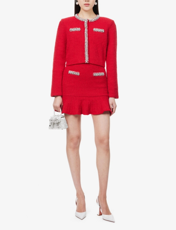 Textured two-buttoned-pockets knitted mini skirt