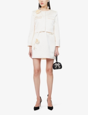 Shop Self-portrait Womens Cream Satin Cropped Regular-fit Woven Jacket