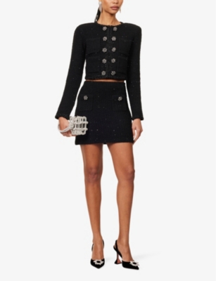 SELF-PORTRAIT: Sequin textured knitted mini skirt