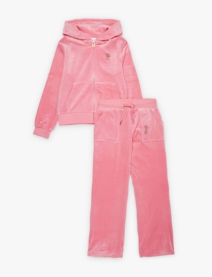 Shop Juicy Couture Regular-fit Diamante-branding Stretch-velour Hoody And Jogging Bottoms Set 7-16 Years Morning Glory