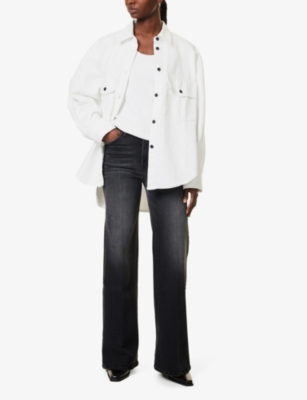 Mother Womens The Hustler Roller Sneak Faded Wash Straight-leg Mid-rise Stretch-denim Blend Jeans Not Today In Not Today Satan