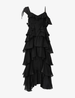 Allsaints Womens Black Sienna Ruffled Woven Maxi Dress