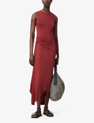 Allsaints Womens Burnt Brick Re Rivi Draped Jersey Midi Dress In Brown