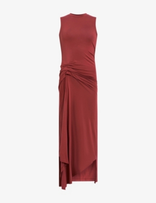 Allsaints Womens Burnt Brick Re Rivi Draped Jersey Midi Dress In Brown