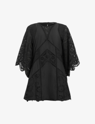 Allsaints Womens Black Luci Broderie Cotton Mini Dress