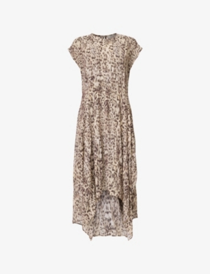 Allsaints Womens  Evia Leopard-print Relaxed-fit Woven Midi Dress