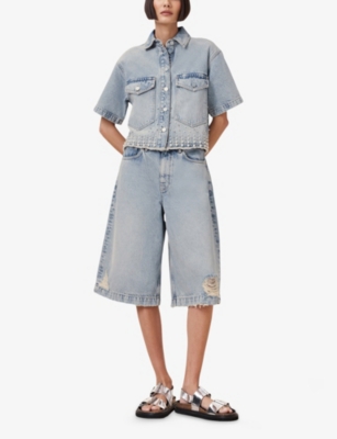 Allsaints Womens Louie Wide-leg Distressed Long Denim Shorts Light Indigo In Light Indigo