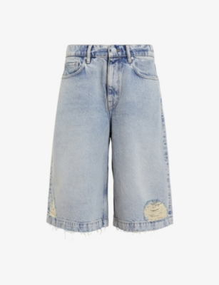 Allsaints Womens Louie Wide-leg Distressed Long Denim Shorts Light Indigo In Light Indigo