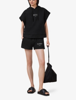 Allsaints Womens Black Sorri Redact Short-sleeve Cotton-blend Hoody In Black