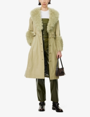 SAKS POTTS WOMENS SAGE FOXY SHEARLING-TRIM LONG LEATHER COAT 