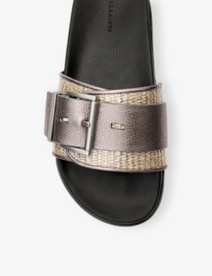 Allsaints Ellie Studded Buckle Leather Sliders In Silver