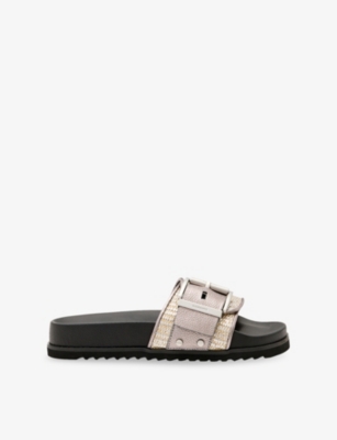 Allsaints Ellie Studded Buckle Leather Sliders In Silver