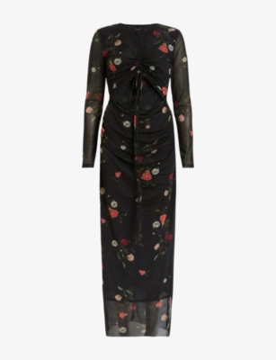 Allsaints Womens  Kathy Floral-print Cut-out Mesh Maxi Dress