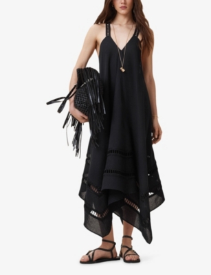 Allsaints Womens Lil Embroidered-trim Asymmetric-hem Cotton Maxi Dress Black In Black