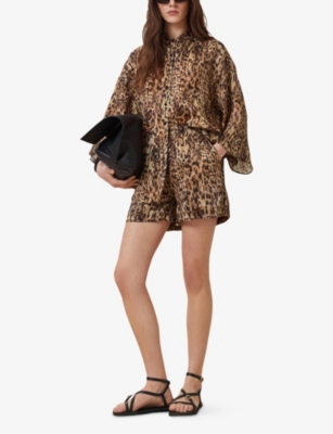 Allsaints Womens Evia Golden Br Charli Leopard-print Linen-blend Shorts