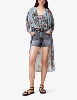 Allsaints Womens Avala Floral-print Wrap-front Woven Top Adena Dusty Bl
