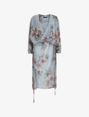 Allsaints Womens Avala Floral-print Wrap-front Woven Top Adena Dusty Bl