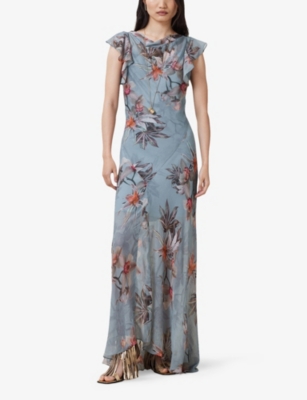 Allsaints Womens Flora Cowl-neck Floral-print Silk-blend Maxi Dress Adena Dusty Bl In Blue