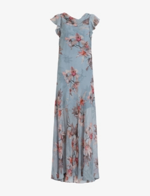 Allsaints Womens Flora Cowl-neck Floral-print Silk-blend Maxi Dress Adena Dusty Bl In Blue