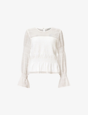 Allsaints Womens Pamela Semi-sheer Peplum-hem Stretch-woven Top Snow White In White