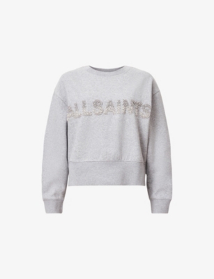 Shop Allsaints Womens Separo Sequin-embellished Cotton-blend Sweatshirt Grey Marl