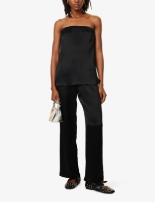 REFORMATION WOMENS BLACK CRINKLE REF ALLEIA TWO-PIECE CRINKLE-SATIN TROUSER AND TOP SET 