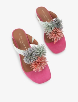 Kurt Geiger Womens Mult/other Pom Pom T-bar Embellished Flat Suede Sandals Eur 37 / 4 Uk In Mult/other