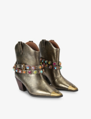 KURT GEIGER LONDON: Regent Crystal-Embellished Heeled Leather Ankle Boots